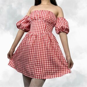 NWT Beginning Boutique Red Off The Shoulder Gingham Strapless Mini Dress